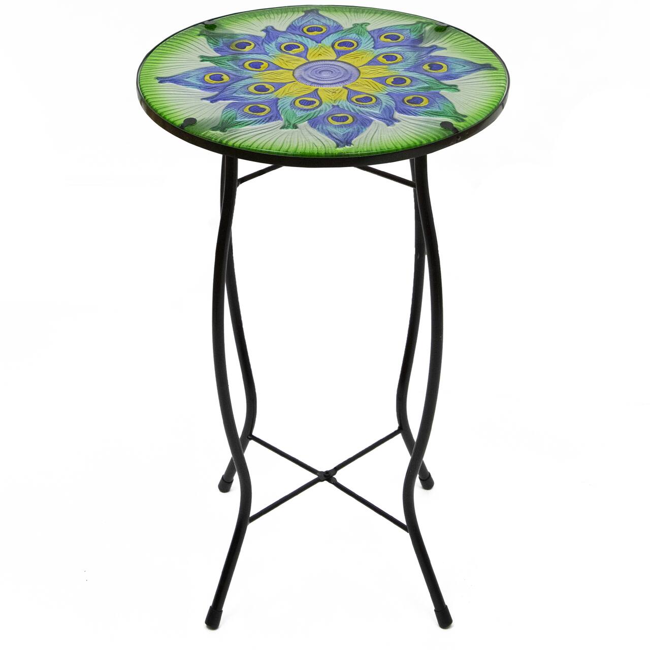 19" Green & Blue Peacock Flower Tail Glass Patio Side Table